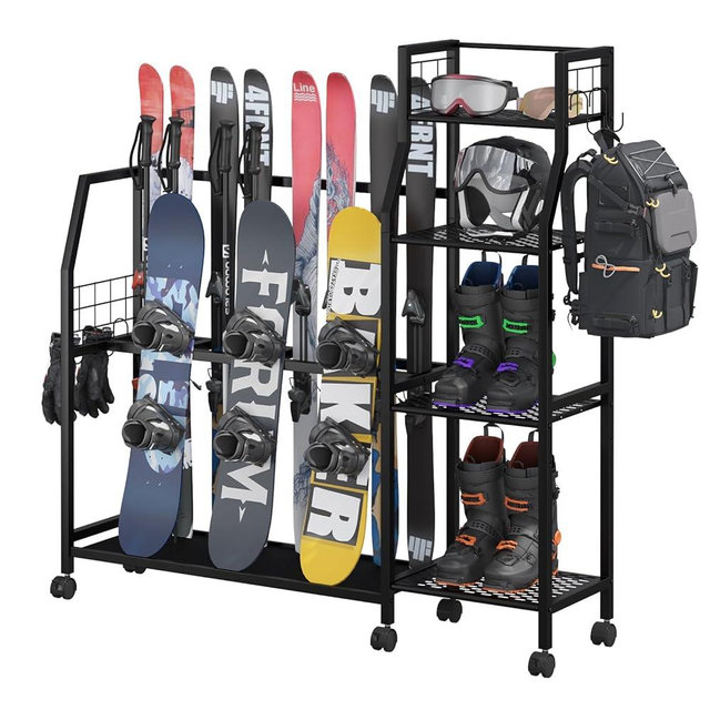 Kikihouse 4-Tier Freestanding Snowboard Rack for 4 Pairs of Skis, 3 Snowboards, Boots, Poles, Goggles, Helmets, Ski Storage Rack with Adjustable Shelves, Snowboard Stand for Home, Garage