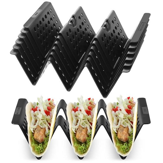 Baderke Mexico Taco Holder Stands Set of 6 Plastics Large Taco Tray Plates Holds Taco Stands for 3 Tacos Dishwasher Microwave Safe, BPA Free, For Taco Night Taco Tuesday (Black,Hollow)
