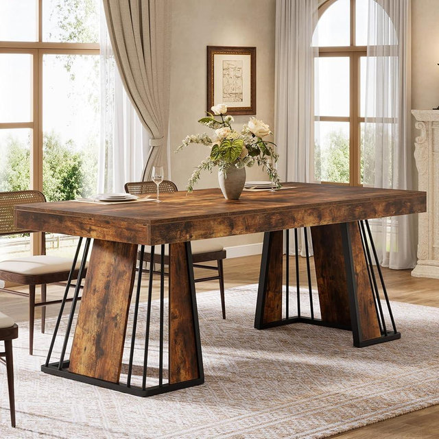 Tribesigns 70.9 Inches Dining Table for 6, Industrial Retro Style Kitchen Table with Trapezoid Legs for Home Dining Room, Living Room, Rustic Brown