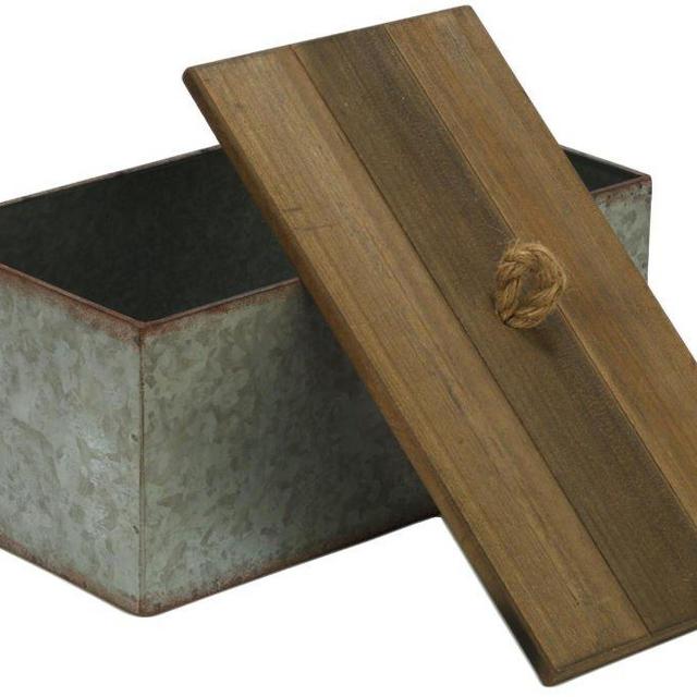 Rustic Galvanized Metal Storage Box with Wooden Lid - Country Style