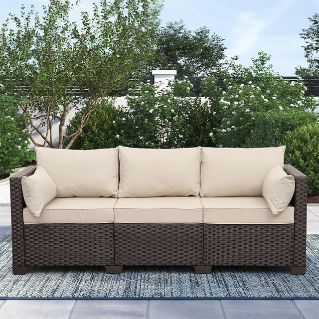 Rattaner Patio Furniture 3-seat Sofa Wicker Outdoor Furniture Outdoor Couch Deep Seat Hight Backrest Waterproof Cover Anti-Slip Cushions, Khaki