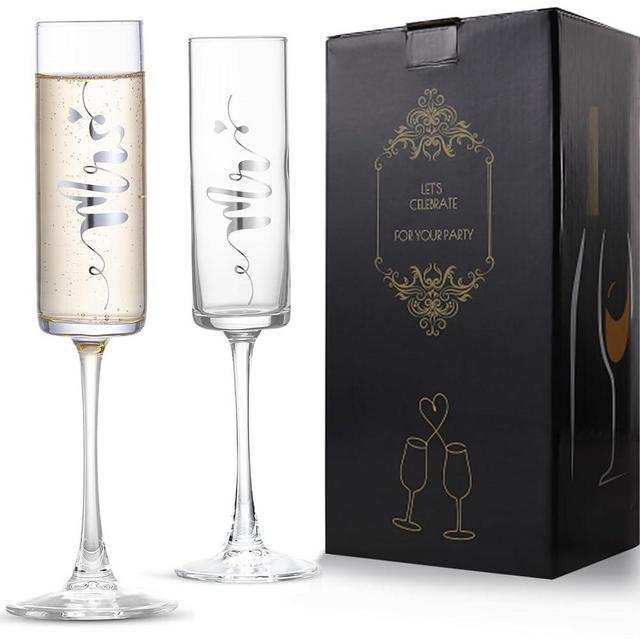 VARLKA Wedding Champagne Flutes set of 2, Crystal Champagne Glasses for Mr and Mrs Wedding Gift Bridal Shower Gift Engagement Gift for Couples Bride and Groom (Silver)