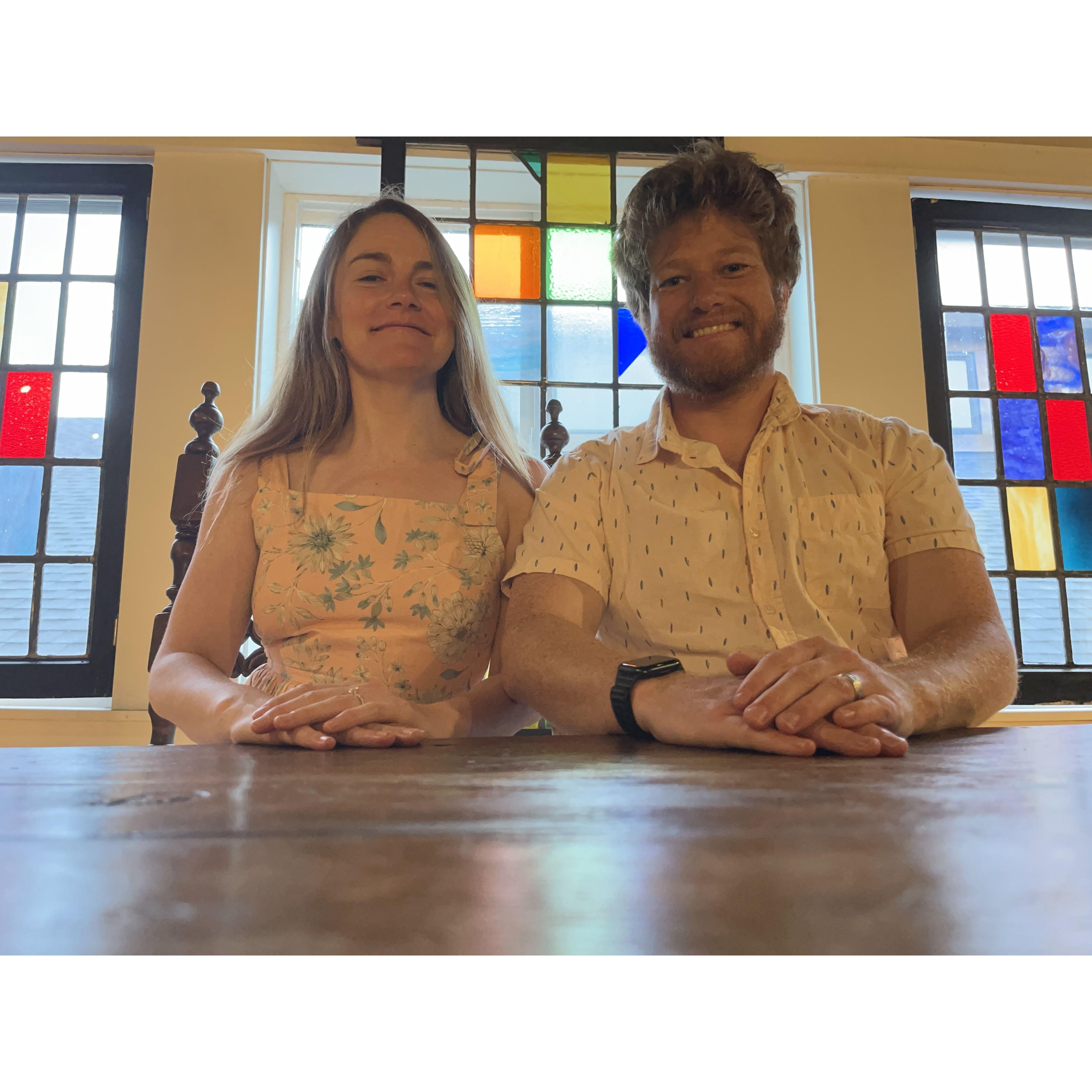 We found this interesting medieval table and stain glass in the attic of a cider house, decided to pose all proper!!
