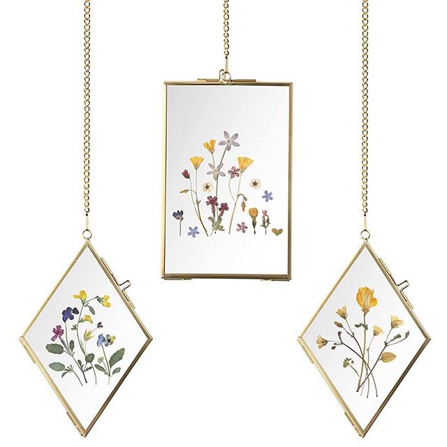 JUXYES Set of 3 Brass Diamond Wall Hanging Photo Frame Rectangle Wall Display Frame, Golden Glass Hanging Picture Artwork Display Frame, Double Glass Floating Frame Style Gallery Wall Frame for Picture, Pressed Flower, Poster, etc