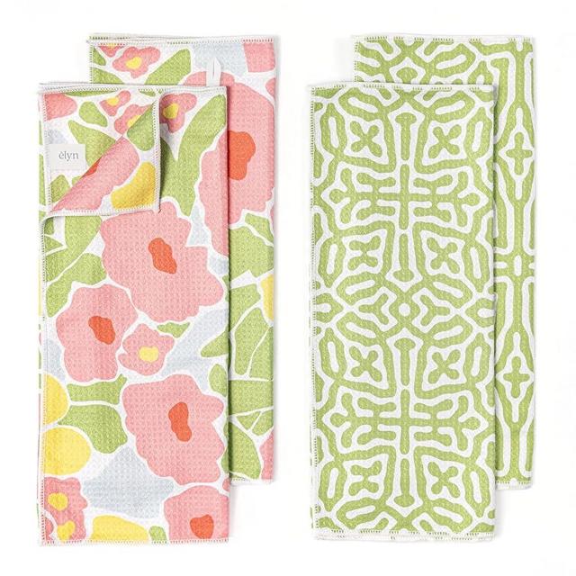 ELYN Microfiber Kitchen Dish Towel Set, Quick-Dry & Absorbent Waffle Weave Cleaning Towels, Set of 4 Kitchen Towels, Paper Towels Alternative (Bold Floral & Geo)