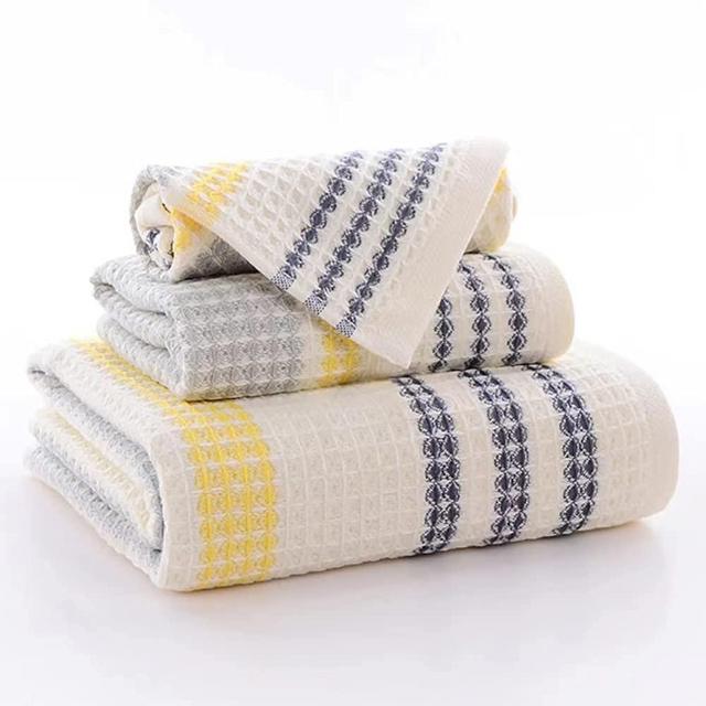 Thin Waffle Towel for Bathroom 100% Cotton Quick Drying Yellow Grey Striped 1 Bath Towels 1 Hand Towels 1 Washcloths for Face Body Light Weight Ultra Soft Highly Absorbent Adult Travel Towel Set