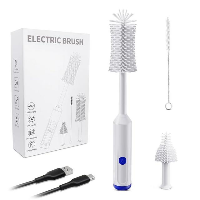 REDCLIK Electric Baby Bottle Brush Set, Silicone Bottle Brush, Nipple Brush, Cleaning Straw Brushes, Bottle Brushes for Cleaning Water Bottle Cleaner Brush Rechargeable (with Charging Cable) - White