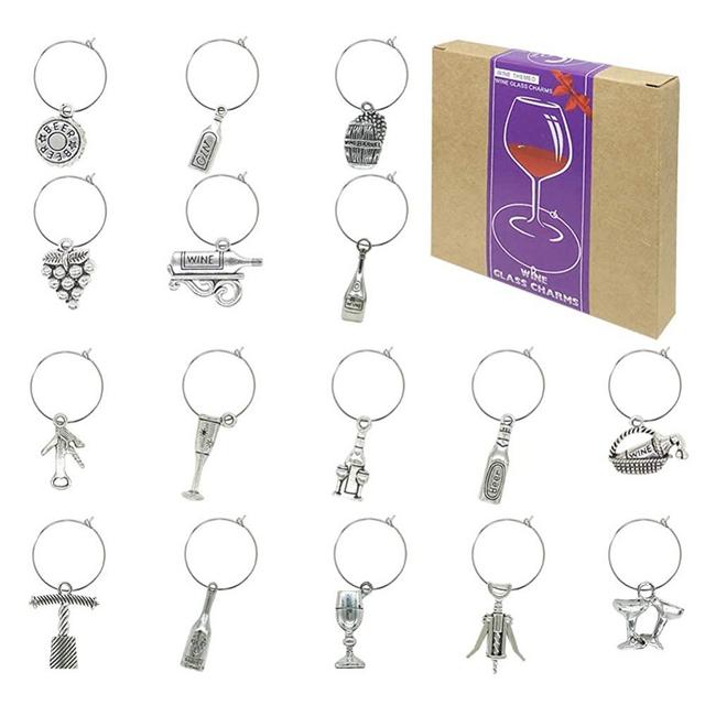 Wine Glass Charms Markers Tags Identification,Wine Charms for Stem Glasses,Wine Bachelorette Tasting Party Favors Decorations,Wine Themed Set of 16