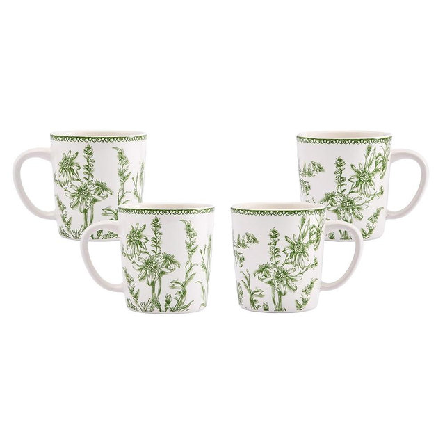 Bico Green Garden Toile De Jouy Ceramic Coffee Mugs Set of 4, 18 oz Large Tea Cups with Handle, Aesthetic Latte Mugs for Cappuccino Cocoa, Lead-Free, Dishwasher and Microwave Safe, Housewarming Gift
