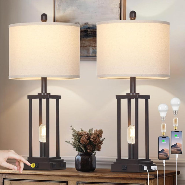 27" Tall Farmhouse Table Lamps Set of 2, Brown Industrial End Table Lamp for Living Room with Night Light, Rustic Bedside Lamps with USB C+A Ports & AC Outlet, Vintage Bedroom Lamp for Nightstand