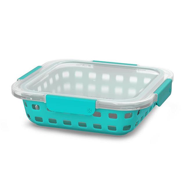 Ello Duraglass Bakeware - Glass Baking Dish with Airtight Lid and Silicone Sleeve Trivet - Freezer to Oven Safe (8x8-2Qt, Aquavia)