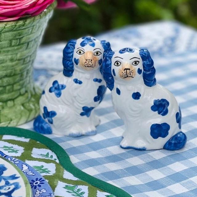 Blue and white Staffordshire dog salt and pepper shakers