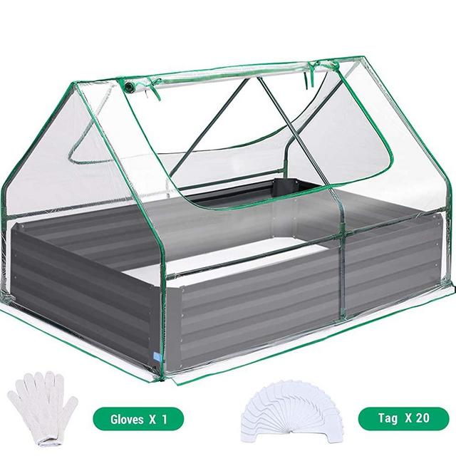 Quictent 49’’x37’’x36’’ Extra-Thick Galvanized Steel Raised Garden Bed Planter Kit Box with Greenhouse 2 Large Zipper Windows Dual Use, 20pcs T-Types Tags & 1 Pair of Gloves Included (Clear)