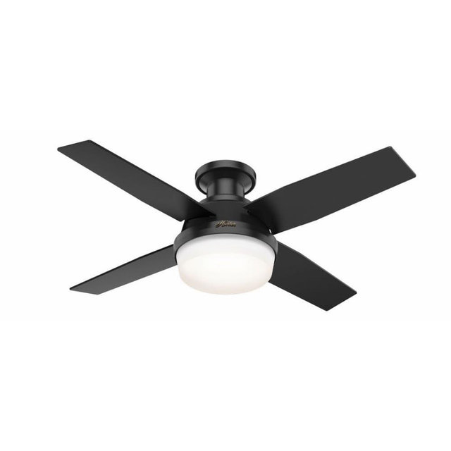 Hunter 44 inch Outdoor or Indoor Ceiling Fan with LED Light and Remote Control - Low Profile Mount Ceiling Fan, 4 Blades, For Patio, Porch, Garage, or Living Room, Quiet - Dempsey 50400, Matte Black