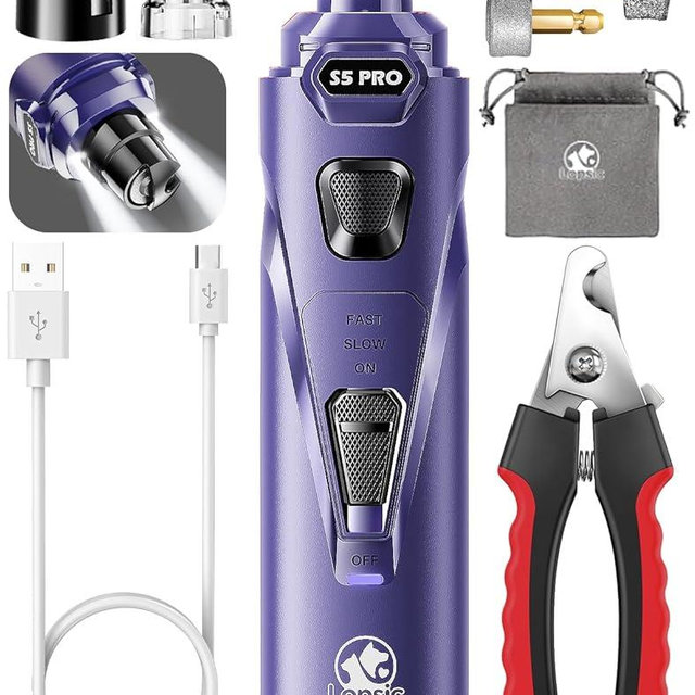 Dog Nail Grinder with 2 LED Lights Powerful 2 Speeds Super Quiet Dog Nail Trimmers with 3 Grinding Wheels Rechargeable Pet Dog Nail Clippers for Large Medium Puppy Dogs Dog Nail File Cat Nail Clipper