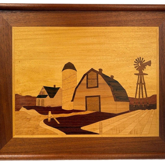 Vintage Handmade | Wooden Wood Marquetry Mosaic Art | Farmhouse Farm Barn Windmill | Wall Art Wall Decor Hanging Picture | Wood Working Art