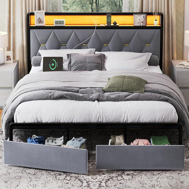 Ailisite Queen Size Bed Frame with Headboard and Storage Drawers, Upholstered Grey Platform Bed Frame with Typ-C Charging Port, LED Bed Frame with Storage Headboard,Heavy Duty,No Box Spring Needed