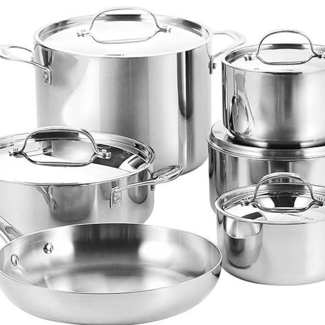 Bergner - Tri-Ply Stainless Steel Cookware Set - Induction Cookware - 11 Piece Pots and Pans Set - 1.5 qt Saucepan, 2 qt Saucepan, 3 qt Saucepan, 3.5 qt Sauté Pan, 8 qt Stockpot, and 10” Skillet