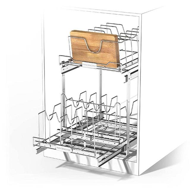 Home Zone Living Pull Out Drawer Cabinet Organizer – 2-Tier Slide Out Shelves for Optimal Kitchen Bakeware Storage, 15” W x 20” D
