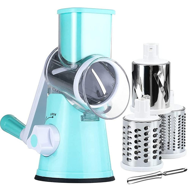 KEOUKE Rotary Cheese Grater Slicer - Round Mandoline Drum Slicer Manual Vegetable Slicer with a Stainless Steel peeler (Blue)