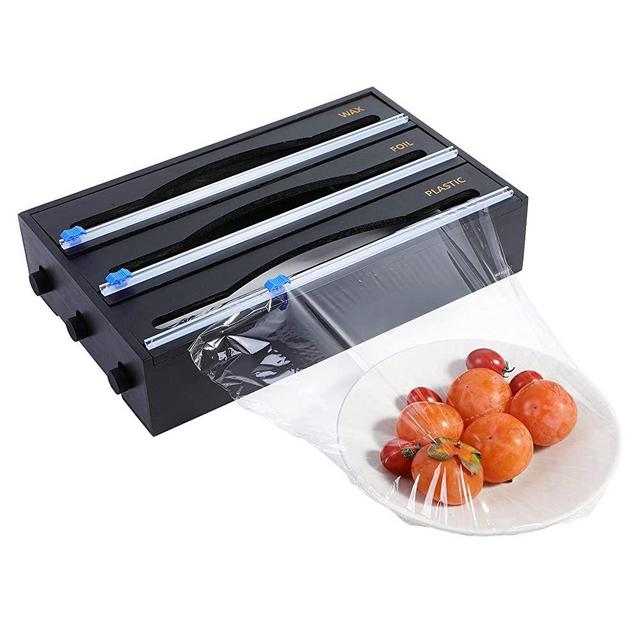 YONGSENINA Plastic Wrap Dispenser With Cutter,3 in 1 Aluminum Foil and Plastic Wrap Organizer and Storage,Bamboo Tin Foil Roll Dispenser For Kitchen,Wax Paper Holder - Black