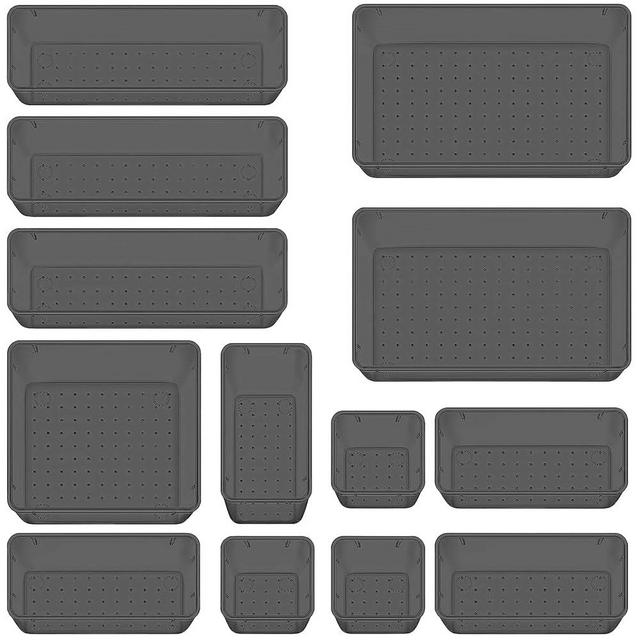 WOWBOX 13 PCS Plastic Drawer Organizer Set, Desk Drawer Divider Organizers and Storage Bins for Makeup, Jewelry, Gadgets for Kitchen, Bedroom, Bathroom, Office, Black