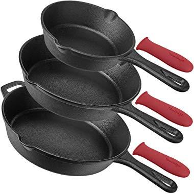 Pre-Seasoned Cast Iron Skillet 3-Piece Chef Set (6-Inch 8-Inch and 10-Inch) Oven Safe Cookware - 3 Heat-Resistant Holders - Indoor and Outdoor Use - Grill, Stovetop, Induction Safe