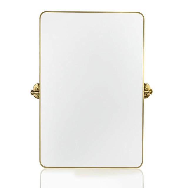 bolrok 24"×36" Gold Pivot Bathroom Mirror for Wall Tilt Vanity Mirror Modern Rectangle Stainless Steel Metal Framed Mirrors with Rounded Corners Hanging Vertical