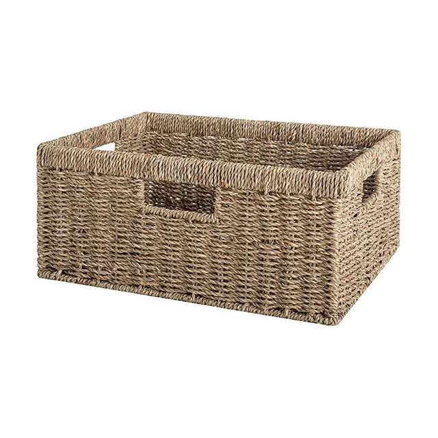 StorageWorks Large Wicker Storage Basket, Seagrass Rectangle Basket with Built-in Handles, Handwoven Rattan Basket for Blanket, 1 Pack