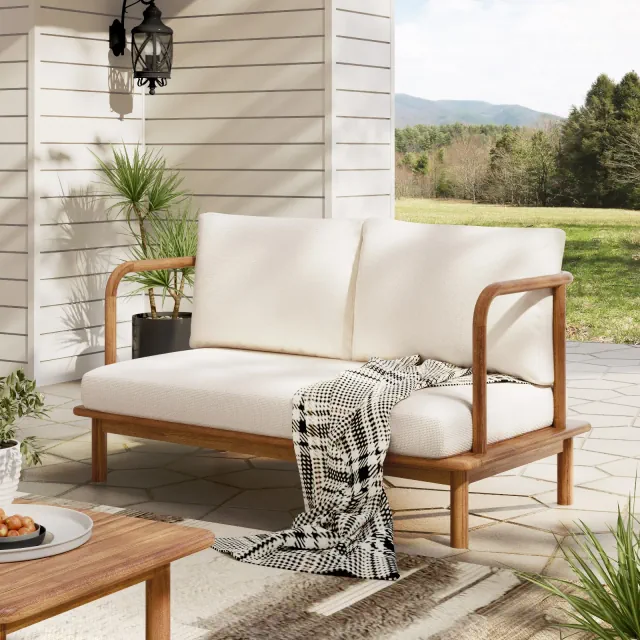 Christopher Knight Home Makoto 51.97" Modern Acacia Wood Patio Loveseat with Cushion, Teak
