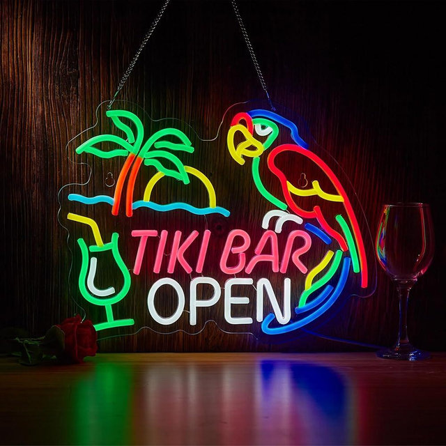 Tiki Bar Open Neon Sign for Tiki Open Wall Décor with Dimmable Switch Hawaii Pool Beach Bar LED Neon Signs Art Decor Light