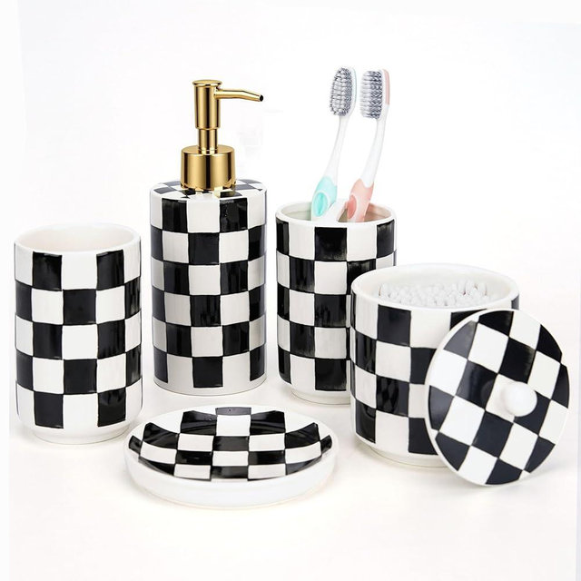 Ceramic Bathroom Soap Dispenser Set, Black and White Checkered Bathroom Vanity Set with Lotion Pump, Toothbrush Holder, Soap Dish & Storage Jar, Modern Bathroom Sink Accessories