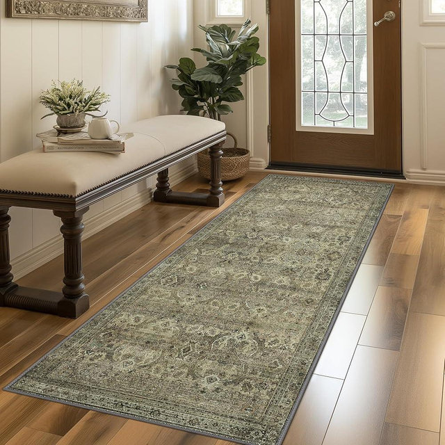 Bavni Runner Rug 2x5 Machine Washable Vintage Distressed Print Ultra-Thin Chenille Hallway Bedroom Kitchen Entrance Accent Rug, Low Pile Lightweight Non Slip with Gripper, Sage/Charcoal