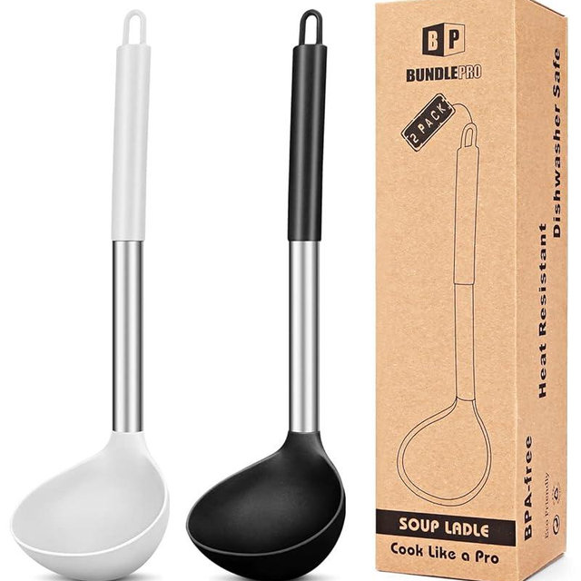 Pack of 2 Ladle Spoon,Silicone Large Spoon for Soup,Non Stick Kitchen Utensils with High Heat Resistant,BPA Free Perfect Kitchen Tools for Cooking, Stirring,Serving Soups (BLACK-WHITE)