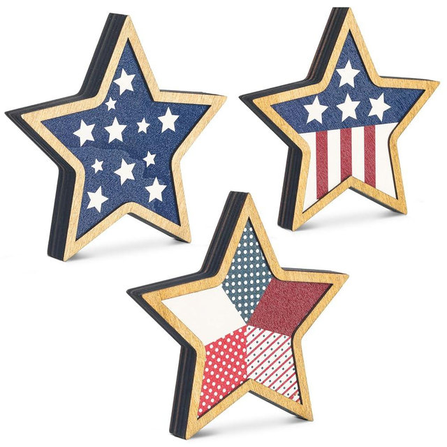 Hollowfly 3 Pcs 4th of July Table Star Signs Tiered Tray Decor Independence Day Table Wooden Decoration Patriotic American Flag Theme Star Standing Blocks for Memorial Day Home Office(Vintage)