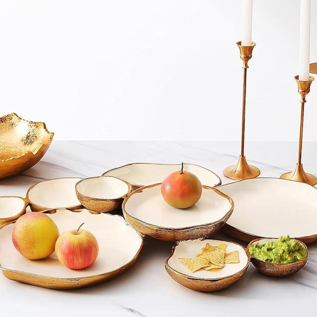 Cluster of 9 Round Serving Bowls Decorative Bowls Gold & White, Brass - Decoration, Snack Tray Bowl, Chip and Dip Strong Brass Beautiful Room Accent, Perfect for Entertaining, Home & Wedding Gifts 24"