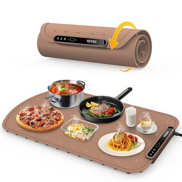 VEPOKA Electric Warming Tray, 7 Temperature Levels&Fast Heating, Portable Food Warmers for Parties, Auto Shut-Off&Child-Lock,Roll up Silicone Food Warming Mat for Buffet, Gatherings,Everyday Use-Brown