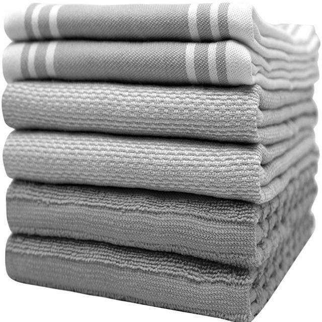 Premium Kitchen Towels (20”x 28”, 6 Pack) – Large Cotton Kitchen Hand Towels – Vintage Striped Flat & Terry Towel – Highly Absorbent Tea Towels Set with Hanging Loop – Grey