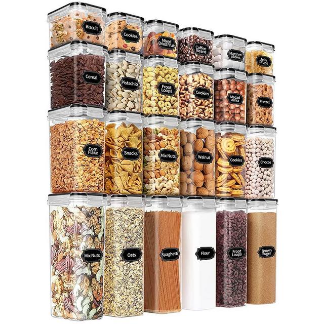 Airtight Food Storage Containers Set with Lids - 24 PCS, BPA Free Clear Kitchen Pantry Organization Canisters, PRAKI Kitchen Storage Containers for Cereal Flour & Sugar - Labels & Marker, Black