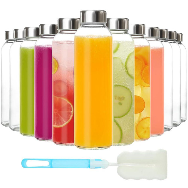 KEYWING 12Pack Glass Juice Bottles with Lids, 18oz Clear Juicing Bottle with Reusable Glass, Leak Proof Water Bottles with Airtight Stainless Steel Cap for Juice, Coffee, Beverage, Smoothies, Tea
