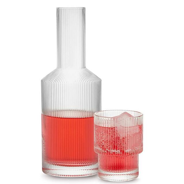 Bedside Water Carafe and Glass Set, Gencywe 28 OZ Pitcher & 6 OZ Cups, Vintage Glass Bedside Water Serving Carafe with Cup Set for Kitchen, Bedroom, Clear Juice Pitcher with Tumbler Glass (2-Piece)
