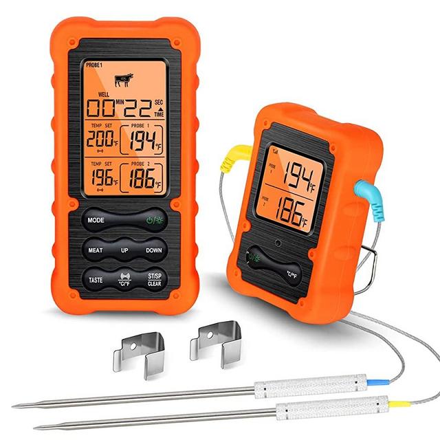Wireless Meat Thermometer with 2 Probes, Remote Cooking Food Thermometer Alarm Timer, Real 490Ft Digital Meat Thermometer for Smoker Oven Grill BBQ Candy
