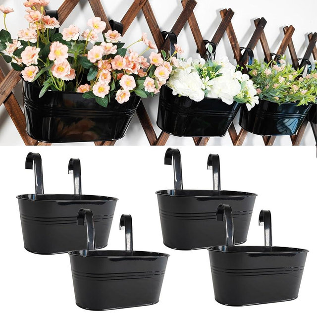 Joyfernal 4 Pack Metal Hanging Planter for Outdoor Plants, 10 Inch Black Fence Planters Railing Pots for Garden Patio Balcony Decor, Flower Bucket with Detachable Hooks (Black, 4Pcs)
