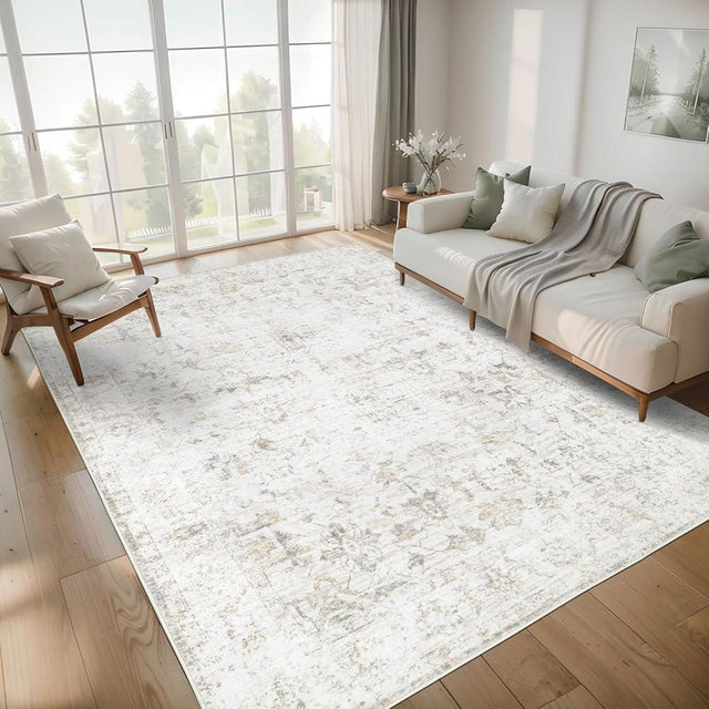 Dotiiorug Washable 8×10 Area Rug for Living Room, Vintage Floral Rug Soft Non Slip Stain Resistant Boho Carpet for Bedroom Dinning Room Home Office Beige New