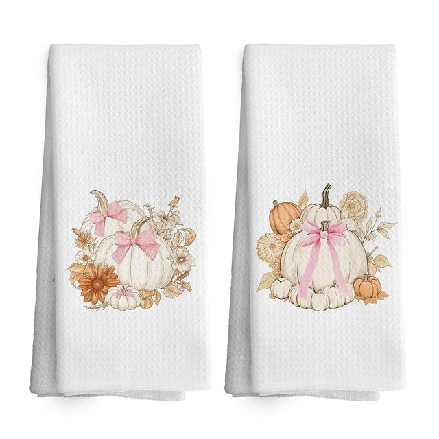 TAEDIN Fall Coquette Autumn Kitchen Towels Dish Towel 16x24 Inches, Floral Pink Bow Pumpkin Decorative Absorbent Dishcloths Tea Towels Set of 2 for Kitchen Bathroom Decor