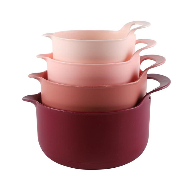 COOK WITH COLOR Nesting Plastic Mixing Bowl Set with Pour Spouts and Handles, Rose, 4 Piece Non-Slip