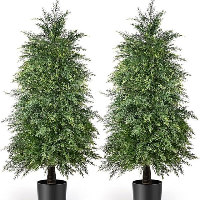 YEMMEN 2 Pack 4ft Artificial Cedar Topiary Trees, Outdoor Artificial Plants for Front Porch Décor, Artificial Shrubs Fake Plants Uv Rated Potted Plants for Outdoor, Indoor, Front Door, Office