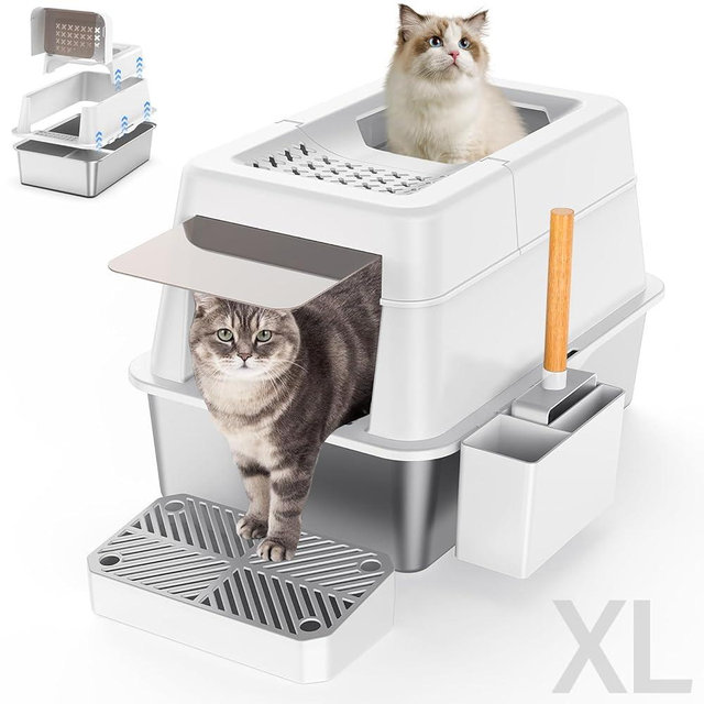 Stainless Steel Litter Box with Lid, XL Extra Large Enclosed Cat Litter Box for Big Cats 110° Flip Cover, Top Entry Metal High Sided Litter Box & Pedal & Scoop, Anti-Leakage (White)
