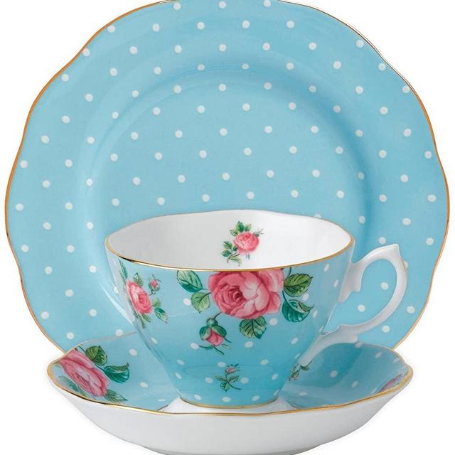 Royal Albert 3-Piece New Country Roses Teacup, Saucer and Plate Set, Polka Blue