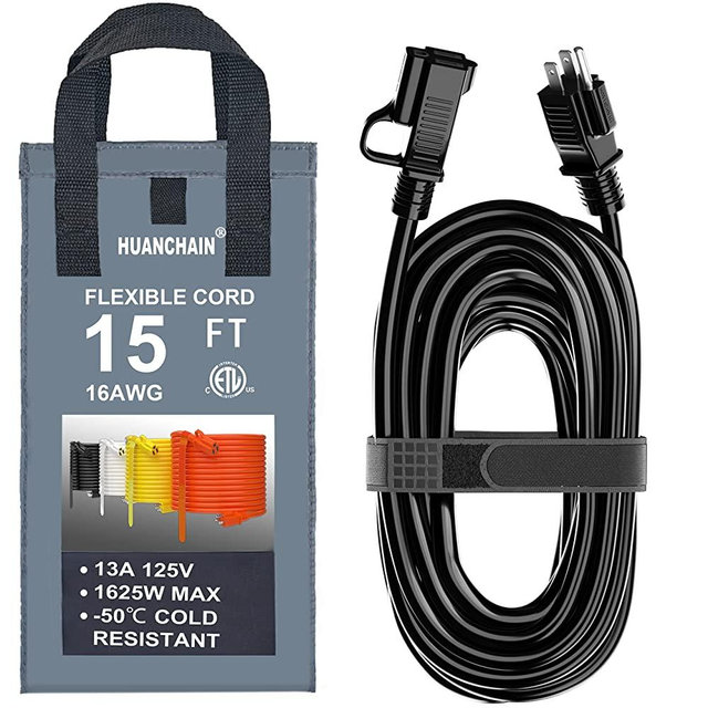 Indoor Outdoor Black Extension Cord 15 ft Waterproof, 16/3 Gauge Flexible Cold-Resistant Appliance Extension Cord Outside, 13A 1625W 16AWG SJTW, 3 Prong Heavy Duty Electric Cord, ETL HUANCHAIN